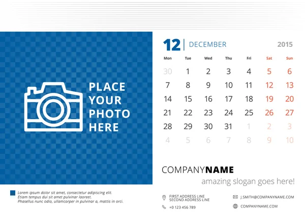 Calendario de escritorio 2015 vector plantilla semana comienza lunes — Vector de stock