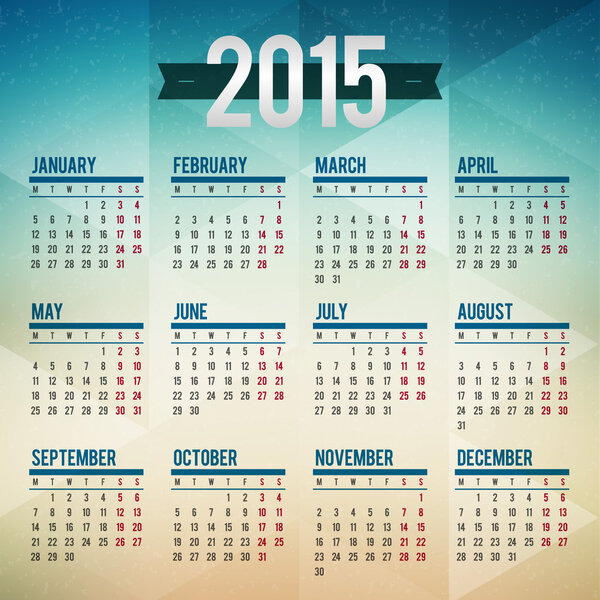 Calendar 2015 vector template week starts monday