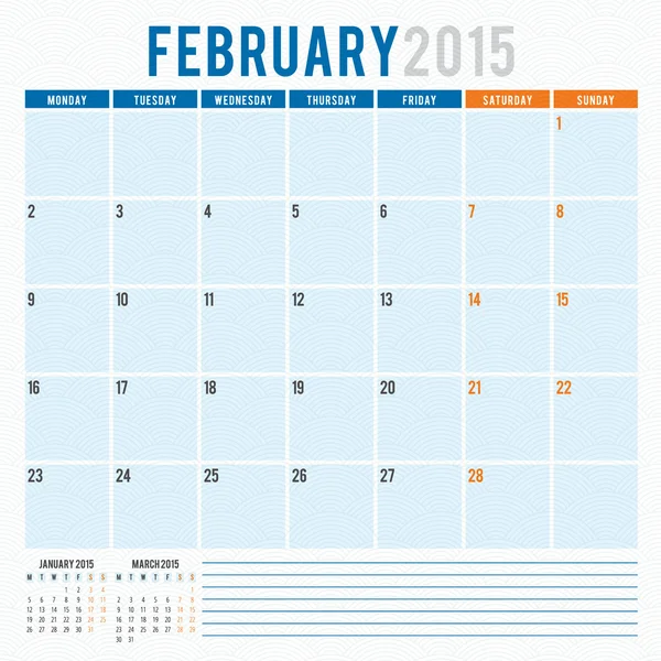 Ημερολόγιο για το σχεδιασμό 2015 πρότυπο εβδομάδα ξεκινά τη Δευτέρα — Διανυσματικό Αρχείο