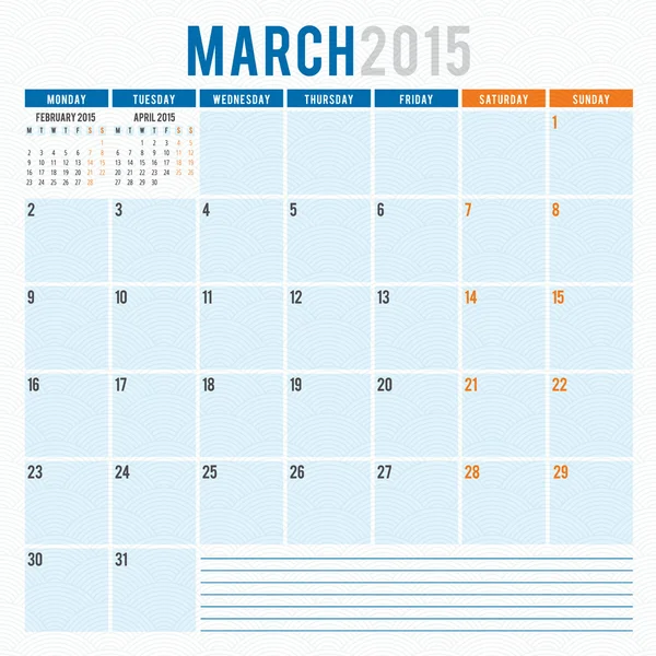 Calendario 2015 template week inizia lunedì — Vettoriale Stock