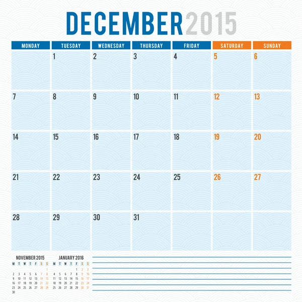 Calendario planificador 2015 plantilla semana comienza lunes — Archivo Imágenes Vectoriales