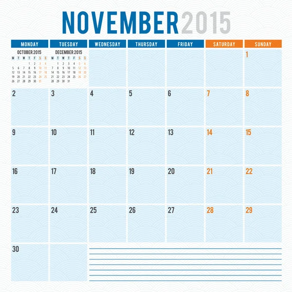 Calendario planificador 2015 plantilla semana comienza lunes — Vector de stock