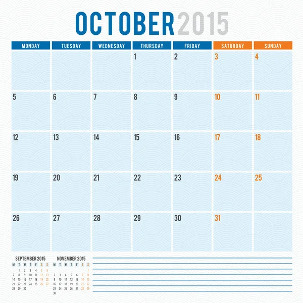 Kalender planlægger 2015 skabelon uge starter mandag – Stock-vektor