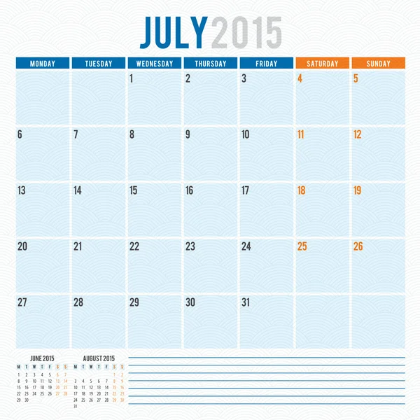 Calendario planificador 2015 plantilla semana comienza lunes — Vector de stock