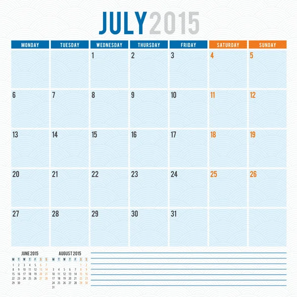 Calendrier planificateur 2015 modèle semaine commence lundi — Image vectorielle