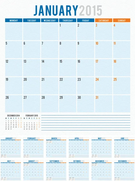 Calendrier planificateur 2015 modèle semaine commence lundi — Image vectorielle