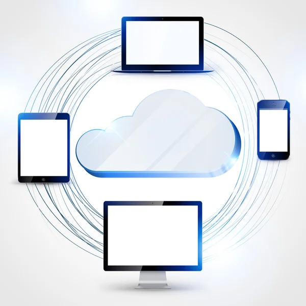 Cloud computing concepto fondo tableta, smartphone, ordenador — Vector de stock