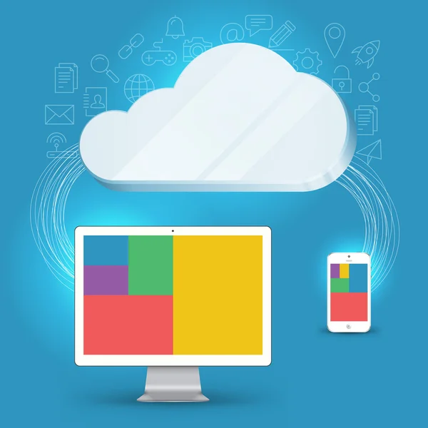 Cloud computing concepto fondo tableta, smartphone, ordenador — Vector de stock