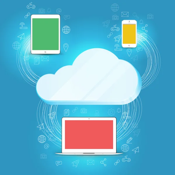 Cloud computing concepto fondo tableta, smartphone, ordenador — Vector de stock