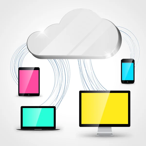 Cloud computing-concept achtergrond tablet, smartphone, computer — Stockvector