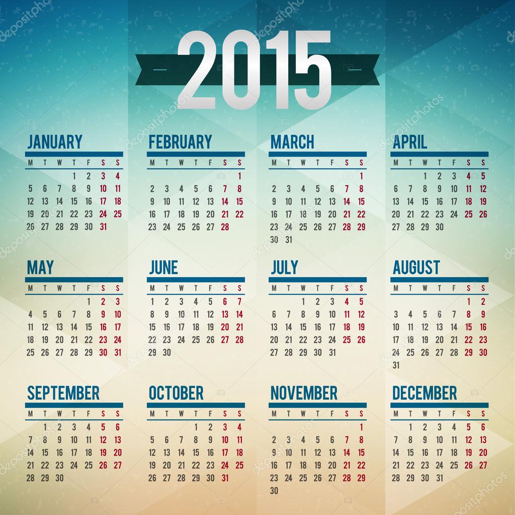 Calendar 2015 vector template week starts monday