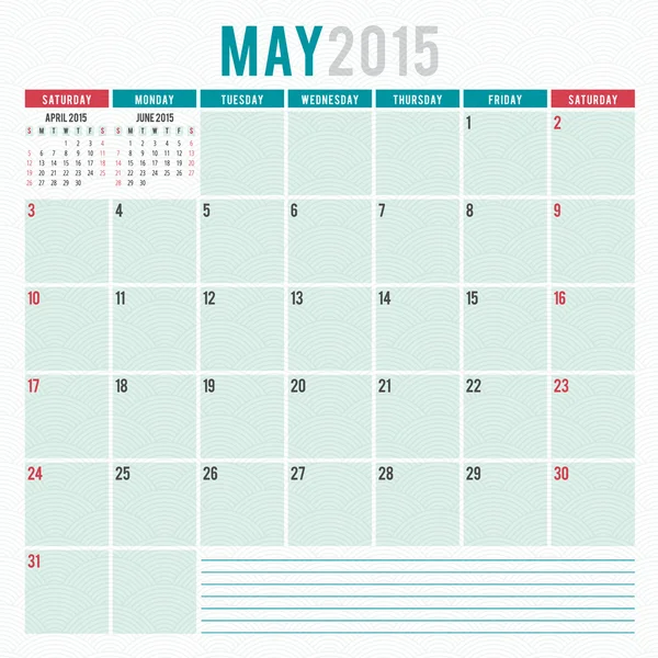 Planificador de calendario 2015 plantilla semana comienza domingo — Vector de stock