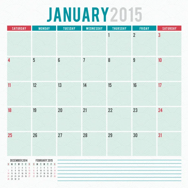 Kalendář planner 2015 šablony den týdne neděle — Stockový vektor
