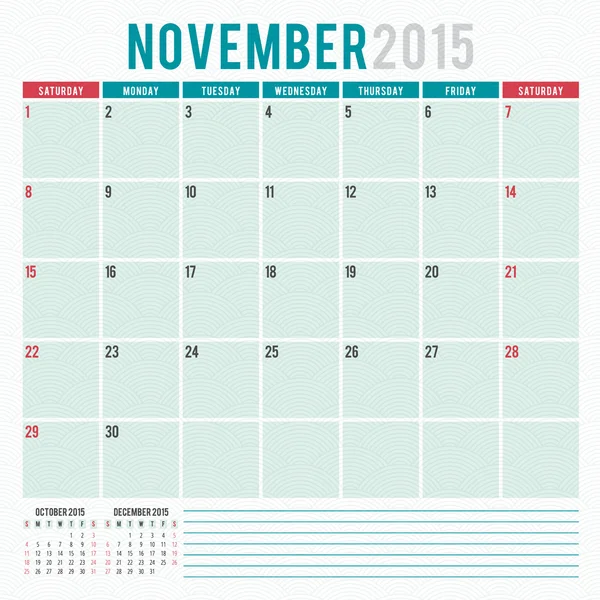 Calendrier planificateur 2015 modèle semaine commence dimanche — Image vectorielle