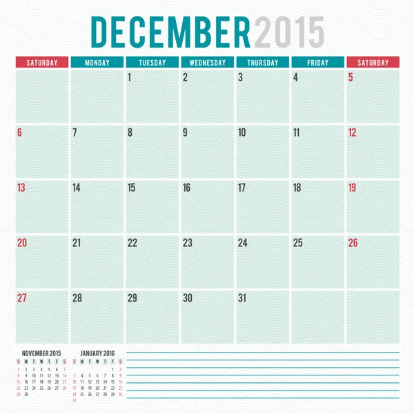 Calendrier planificateur 2015 modèle semaine commence dimanche — Image vectorielle