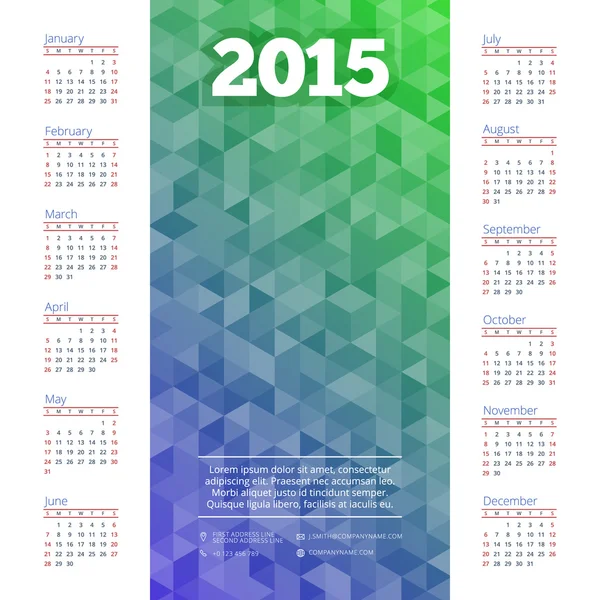 Calendário 2015 vetor modelo semana começa domingo — Vetor de Stock