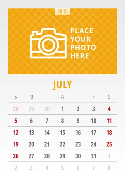 Calendar 2015 vector template week starts sunday — Stock Vector