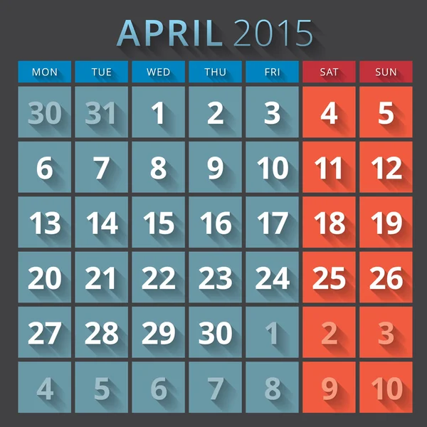 Calendario planificador 2015 plantilla semana comienza lunes — Vector de stock