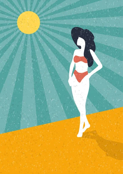 Letní retro plakátu žena na pláži vinobraní vektorové pozadí — Stockový vektor