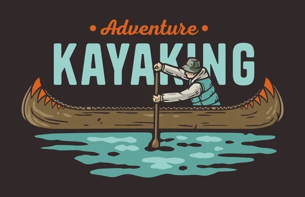 Kayaking sport print. Rafting on kayak on the river among the mountains