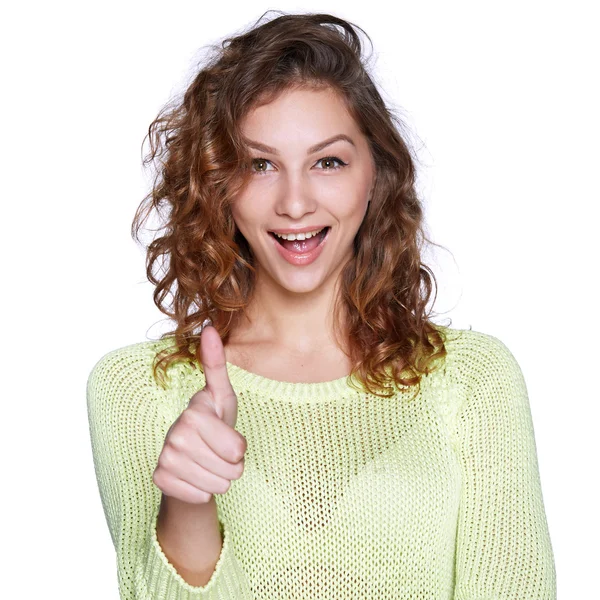 Sorrindo mulher mostrando polegar para cima — Fotografia de Stock