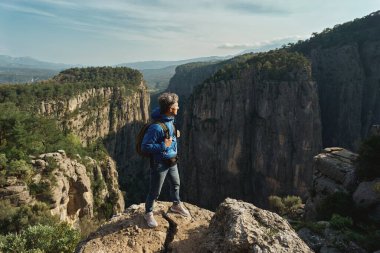 Büyük kanyonun panoramik manzarası, doğa manzarası yürüyüşçü adamla