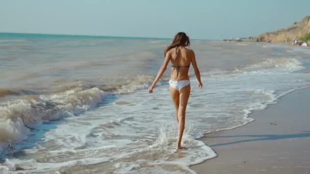 Camera volgende gelukkig zorgeloze slanke vrouw met mooie fitbody wandelingen langs de kust van de zee met golven na storm, meisje joggen en springen door golven. — Stockvideo