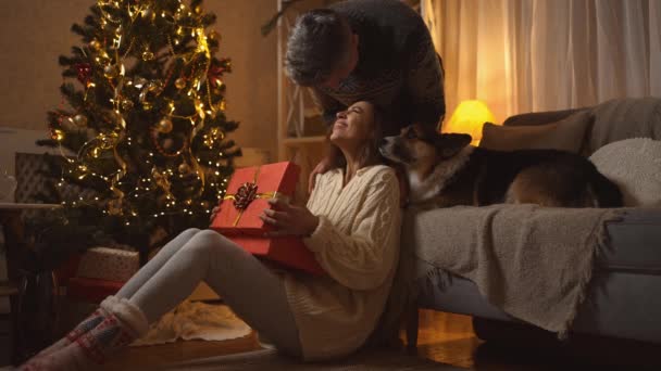 Lycklig vuxen par firar jul med sin söta Corgi hund på festliga inredda hem. förvånad vacker kvinna får röd presentask från anbud kärleksfull man på jul fest hemma — Stockvideo