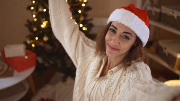 POV Ich-Ansicht glücklich fröhlich aufgeregt Frau in festlichen Weihnachtsmütze Selfie auf dem Hintergrund des geschmückten Hauses mit Weihnachtsbaum — Stockvideo