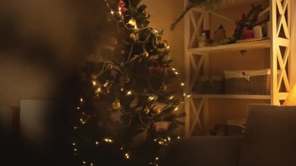 圣诞树装饰和礼品盒晚上在房间里.耀眼的闪光的花环散发着圣诞节的精神和心情。有圣诞节和新年室内装饰的黑暗房间 — 图库视频影像