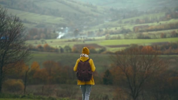 Back view female tourist with backpack standing alone at green lawn among hills. Cold weather, misty autumn nature view — Stock Video