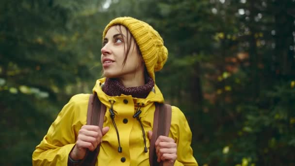 Πορτρέτο τουρίστρια γυναίκα σε κίτρινο σακάκι στο δάσος, στέκεται κοιτάζοντας γύρω, εμπνέει, καιρικές συνθήκες πτώση, ήρεμη σκηνή. Backpacker περπάτημα σε εξωτερικούς χώρους — Αρχείο Βίντεο