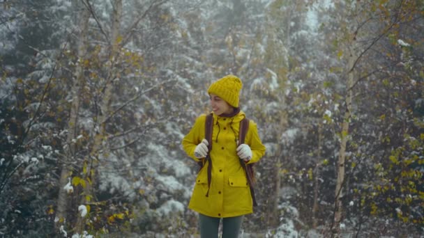 Porträtt kvinna i gult slitage stående i snötäckta vinterlandskap, promenader ensam i skogen i det vilda — Stockvideo