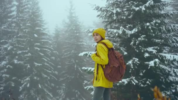 Donna che cammina da sola nella foresta invernale, godendo della natura selvaggia, indossando abiti invernali gialli e zaino. L'inverno sta arrivando — Video Stock