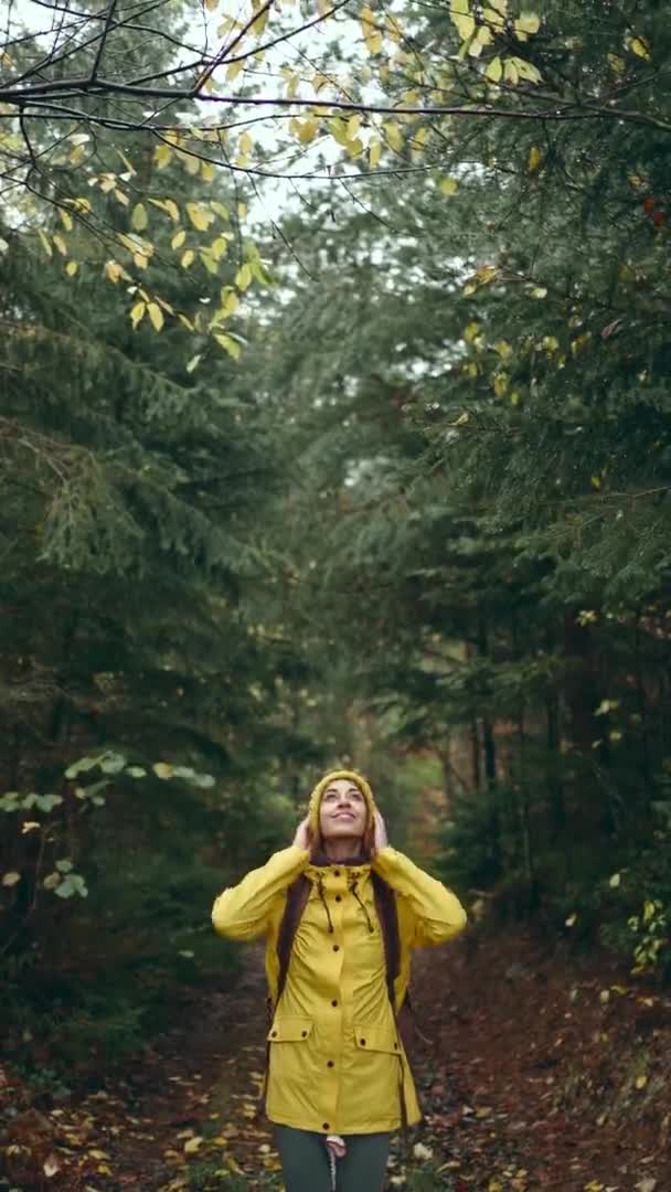 Κάθετη πορτρέτο τουριστική γυναίκα σε κίτρινο σακάκι στο δάσος, στέκεται κοιτάζοντας γύρω, εμπνέει, καιρικές συνθήκες πτώση, ήρεμη σκηνή. Backpacker περπάτημα σε εξωτερικούς χώρους — Αρχείο Βίντεο