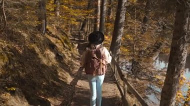 Arkaya bakan kadın turist, güneşli bir sonbahar gününde sonbahar ormanında yolda yürüyor. Sırt çantasıyla dağ gölünün etrafındaki ormanda yürüyüş yapan kadın yürüyüşçü. Soğuk güneşli bir sabahta, açık hava macerası.