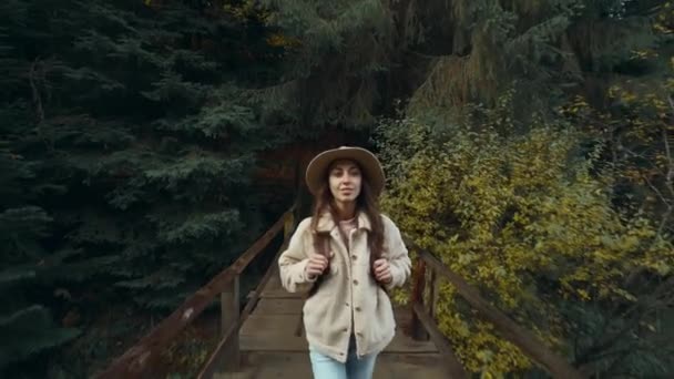 秋にはバックパック付きカジュアルウェアや帽子で魅力的なヒップスター女性森の中でハイキング。観光客のバックパッカーの木材でハイキングしている。女性旅行者はマウンテンレイクの古い木製の橋を歩き — ストック動画