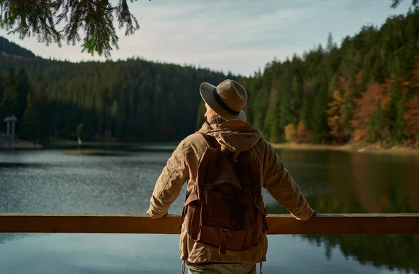 Retkeilijä mies seisoo laiturilla kauniin vuoristojärven rannalla ja nauttii metsämaisemasta — kuvapankkivalokuva