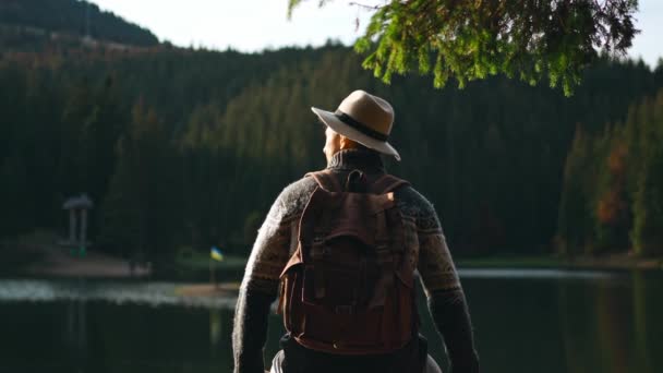 Viandante vista posteriore uomo indossa cappello con zaino in piedi vicino al lago di montagna con calma acqua blu, godendo di un paesaggio incredibile con foresta e montagne — Video Stock