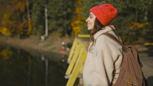 Terug uitzicht geïnspireerde vrolijke vrouw wandelaar zit op houten pier bij prachtige bergmeer met turquoise helder water en geniet van verbazingwekkende rustige herfst landschap. wilde natuur schoonheid, gezonde actieve levensstijl — Stockvideo