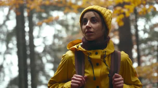 Close-up portret van vrij geïnspireerde jonge vrouw wandelaar met rugzak, het dragen van fel gele regenjas en muts. meisje kijkt rond genieten van de natuur schoonheid in prachtige herfst bossen — Stockvideo