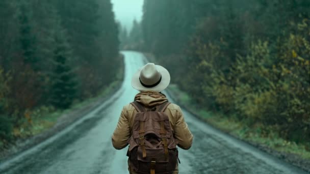 Rear view man hitchhiker wearing in retro style. traveler in hat with backpack walks alog road outdoors in cold wet foggy autumn day and waites a car — Stock Video