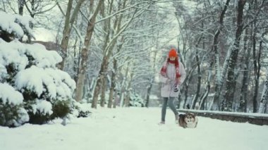 4k yavaş çekim güzel, parka içinde gülümseyen, kırmızı bereli ve eldivenli genç bir kadın kış günü Galli Corgi köpeğiyle dışarıda yürüyor. Kız ve evcil hayvanı kar fırtınasından sonra karlı parkta yürüyorlar.