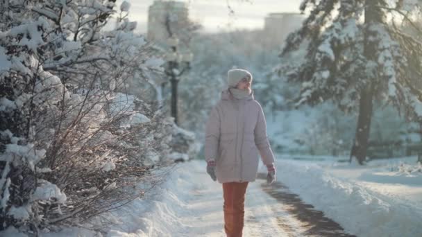 Зимовий час гуляти і розважатися на відкритому повітрі. весела красива жінка, що йде в парку після снігу. Дерева стоять на снігу в сонячно морозний зимовий день — стокове відео