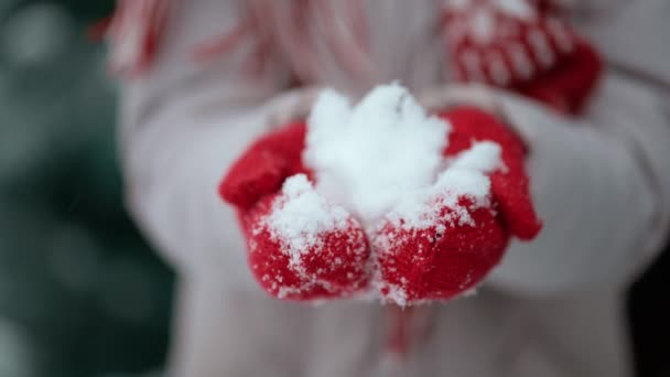 Snow like heart shape in hands. Charming woman holds snow in hands in warm red mittens, puts hands up to face and looks at camera through snow. Valentines Day romantic creative concept — 비디오