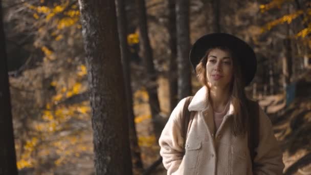 Mujer paseos turísticos en el sendero en el bosque de otoño en el día soleado de otoño. senderista femenina con mochila senderismo en el bosque alrededor del lago de montaña en la fría mañana soleada, aventura estilo de vida al aire libre — Vídeo de stock