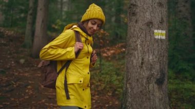 Sarı ceketli ve turist çantalı güzel bir kadın. Islak sonbahar ormanlarında yalnız başına yürüyor. Hafta sonu yürüyüşünün tadını çıkarıyor. Doğadaki insanlar..