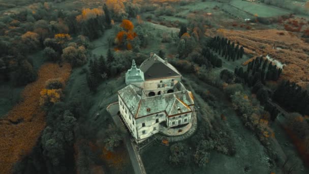 Drone vlucht rond van oude sprookjesachtige kasteel op de heuvel in Oekraïne. bovenaanzicht beroemde toeristische en historische plaats. — Stockvideo