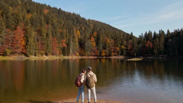 Vista aérea en cámara lenta de un par de excursionistas hombre y mujer en la orilla del hermoso lago de montaña famoso Synevir en Ucrania. chica feliz con los brazos levantados disfruta de paisaje paisaje — Vídeos de Stock