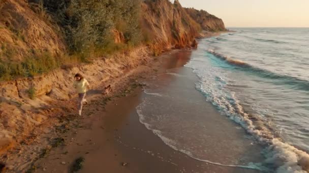Donna in esecuzione da bella spiaggia di sabbia con colline lungo il mare, cane carino in seguito per la ragazza — Video Stock